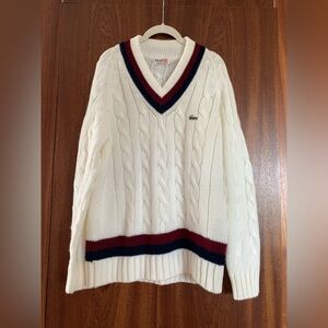 Vintage Izod Lacoste Sweater Ivory Large Cable Knit Preppy Tennis
